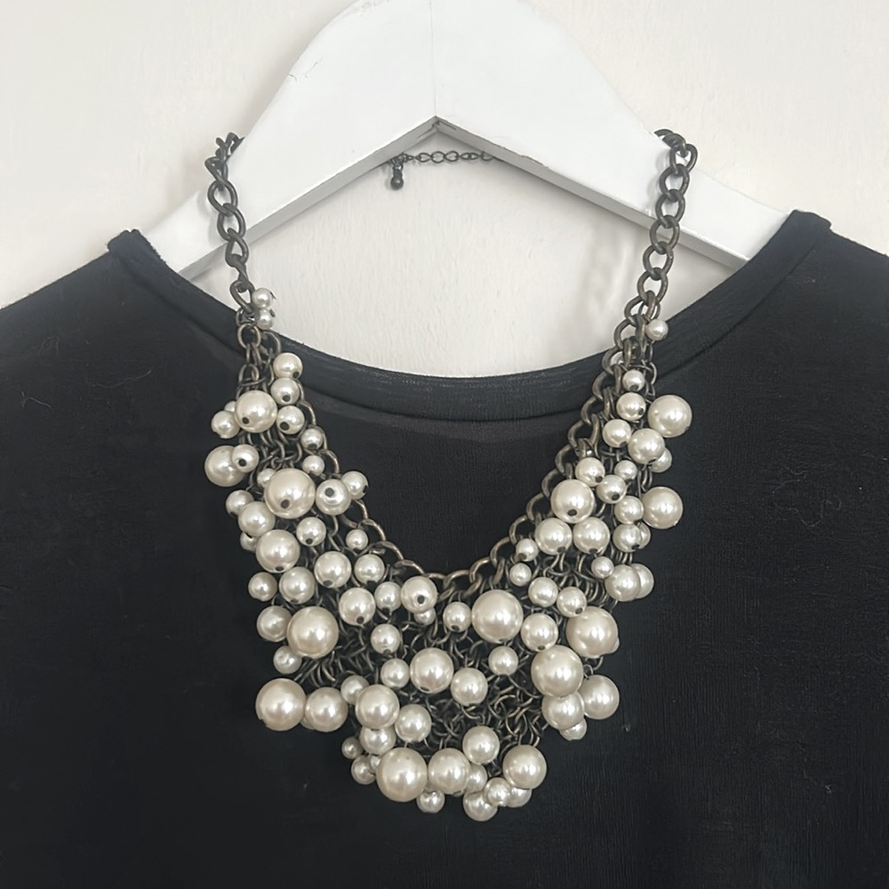 Imitation Pearl and Bronze Mesh Statement Necklace